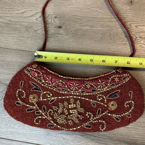 Beaded Purse Clutch Burgundy Satin Copper Gold Color Beads Zip Close, Strap Vtg - Picture 10 of 10